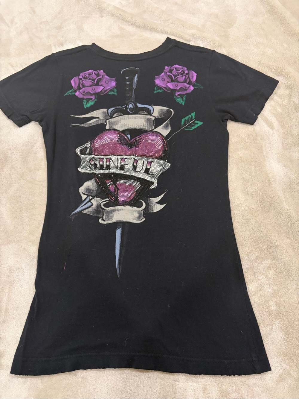 Sinful Black Short Sleeve Tee with Purple Rose and Green Leaf Skull Graphic
